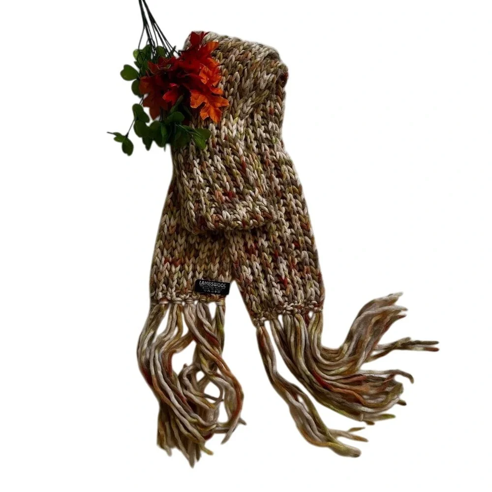 Italian Lambswool Blend Knit Scarf Brown Green Multicolor Fringe Cozy Winter